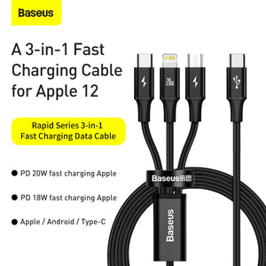 Baseus Rapid Series USB Type-C to USB Type-C /Lightning /Micro USB  3-in-1 PD Fast Charging Data Cable - 20W,  5FT/1.5M, Black (CAMLT-SC01)