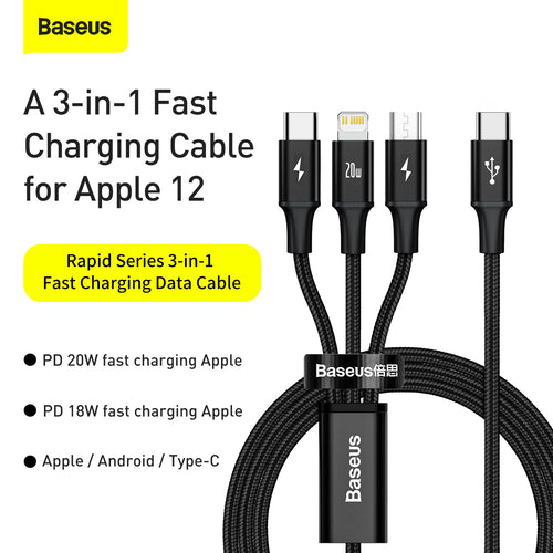 Baseus Rapid Series USB Type-C to USB Type-C /Lightning /Micro USB  3-in-1 PD Fast Charging Data Cable - 20W,  5FT/1.5M, Black (CAMLT-SC01)